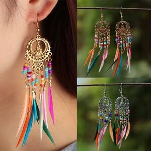 Bohemian Gold Feather Earrings. Retro Ethnic Rainbow beads tassels earrings 🪶